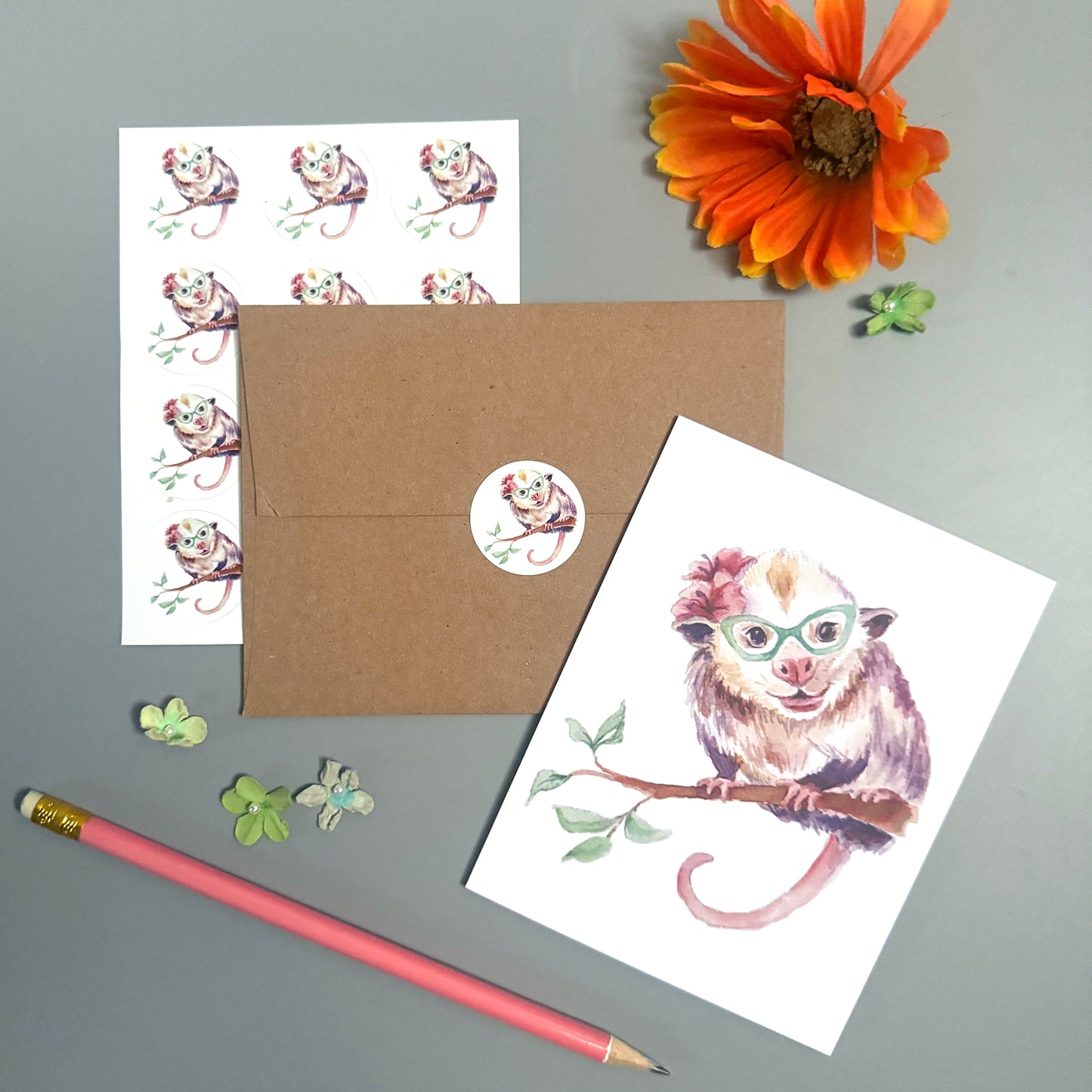 Opossum in Glasses Note Card Set
