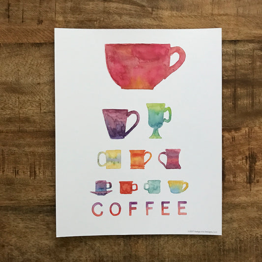 A print of colorful coffee cups in varying shapes and size in an eye chart. 