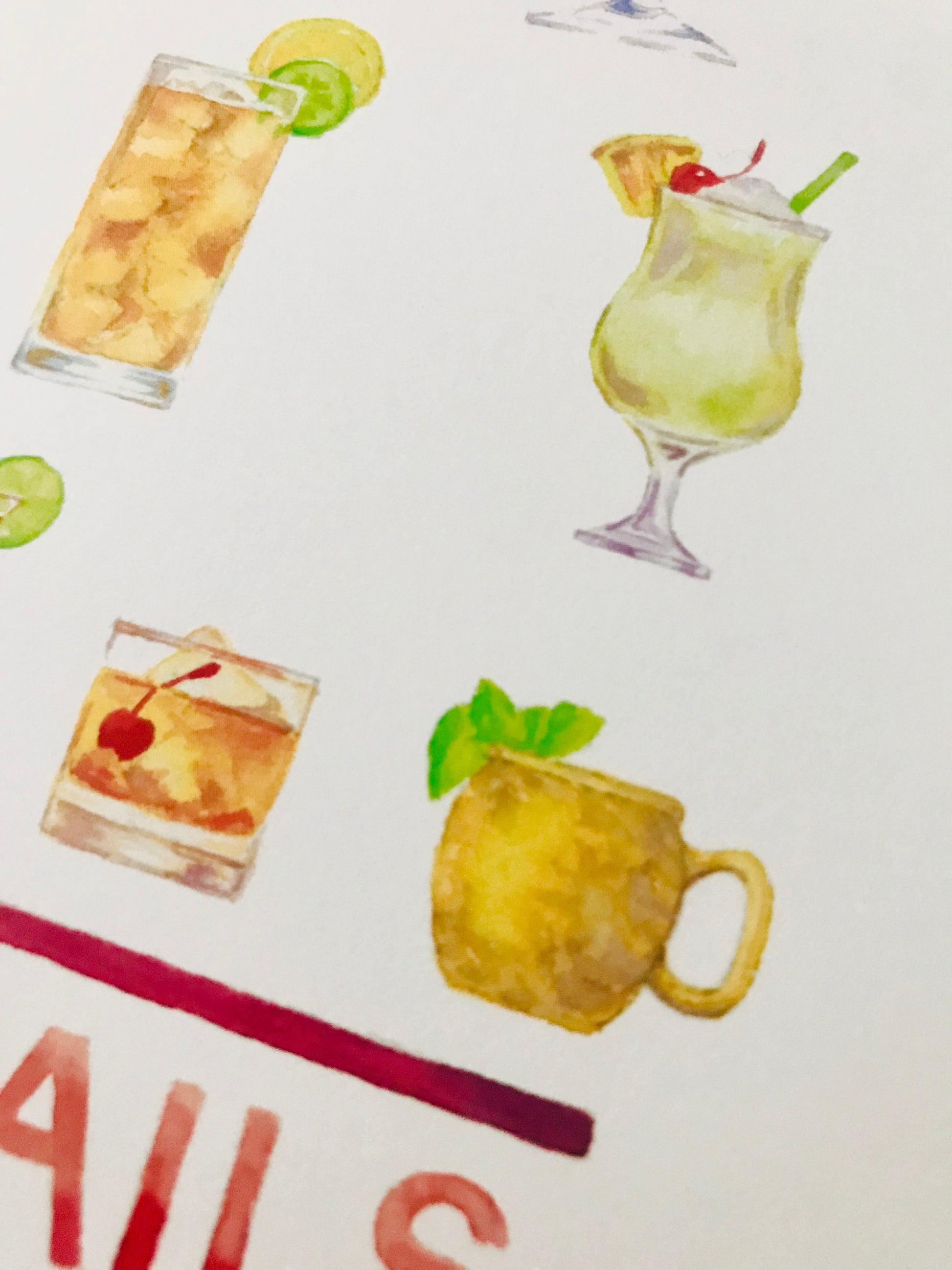 Close-up of a cocktail eyechart print.