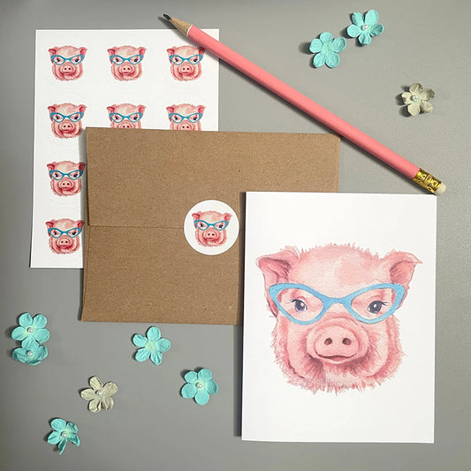 Piglet in Glasses Note Card Set